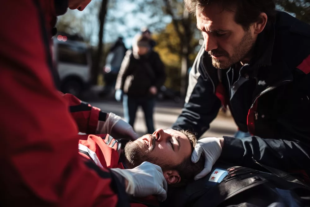 Rescuers provide first aid to victim